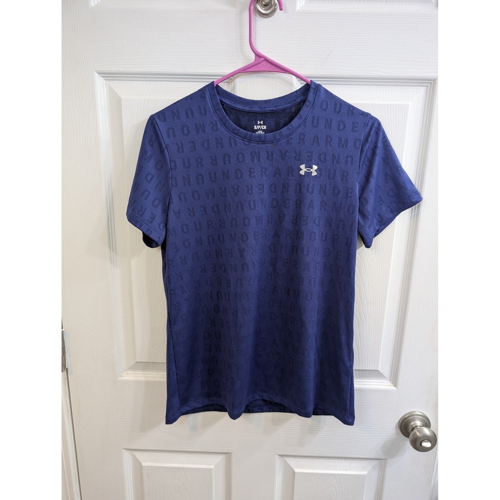 Under Armour T-Shirt Womens Blue Loose Fit All Over Logo - Size S